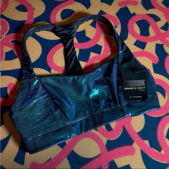 Savage X Fenty Fast Lane Sports Bra Sz L Sweetheart Neckline Oil Slick Blue NWT - Picture 1 of 9